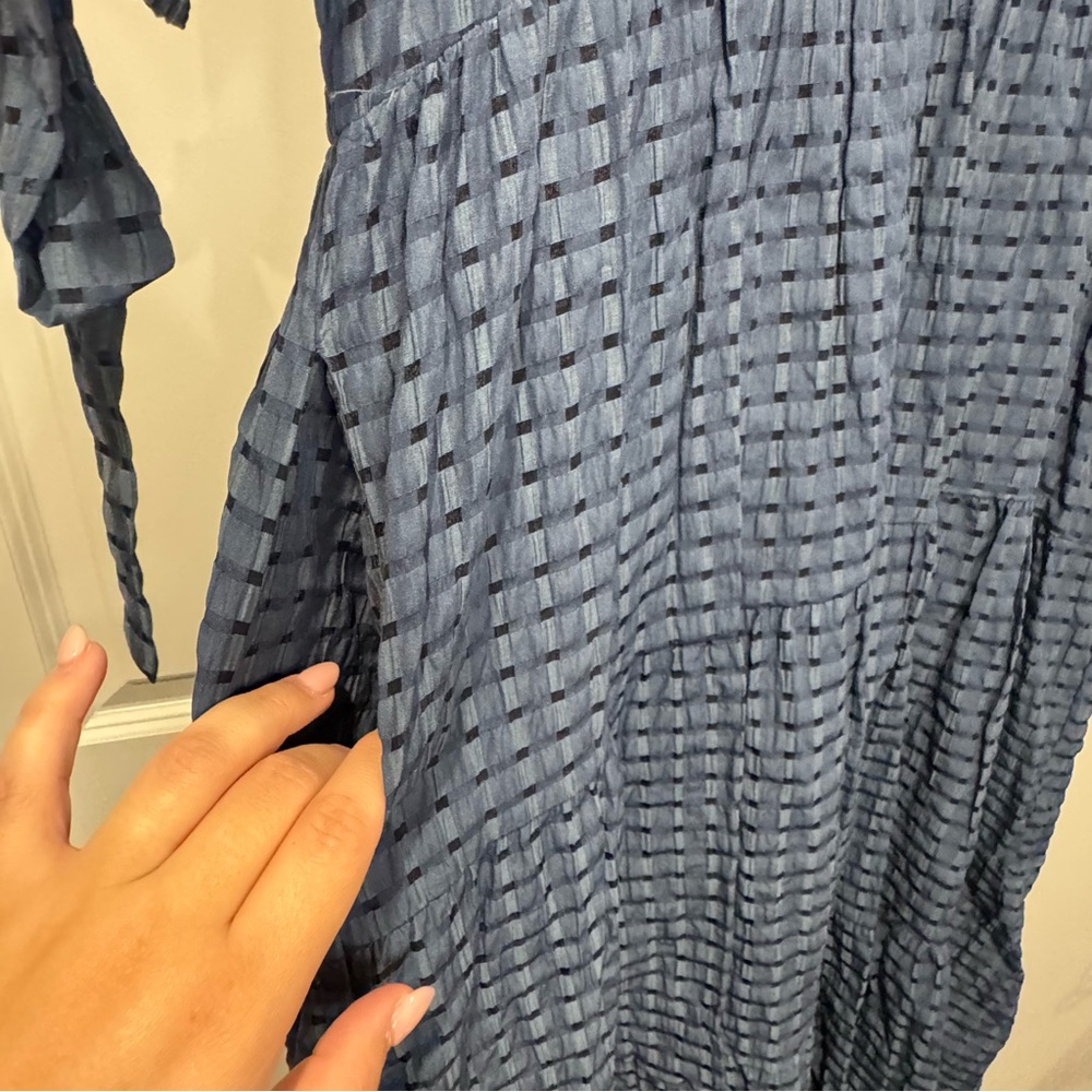 English Factory Blue Textured Midi Dress Puff Sleeve Tie Detail Size M - Picture 4 of 10